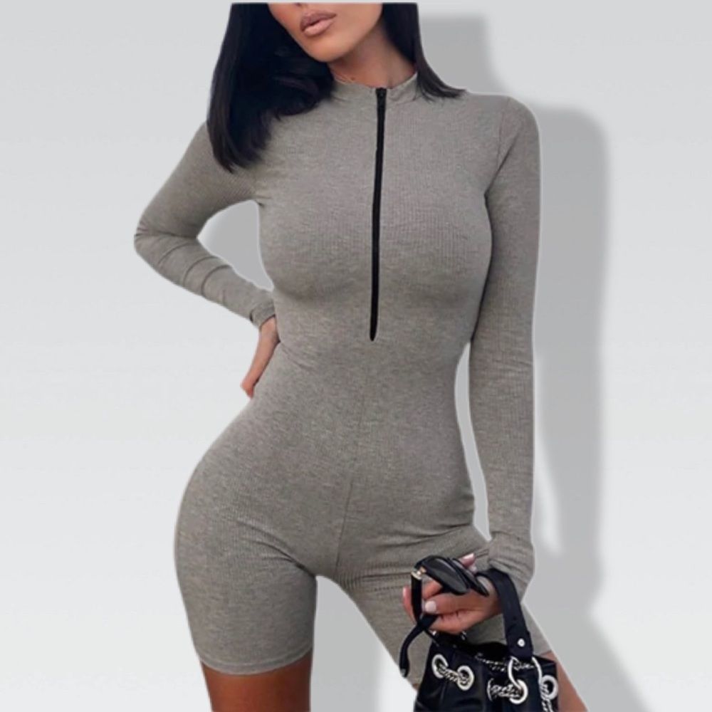 Gray Long Sleeve Short Romper Zip Up